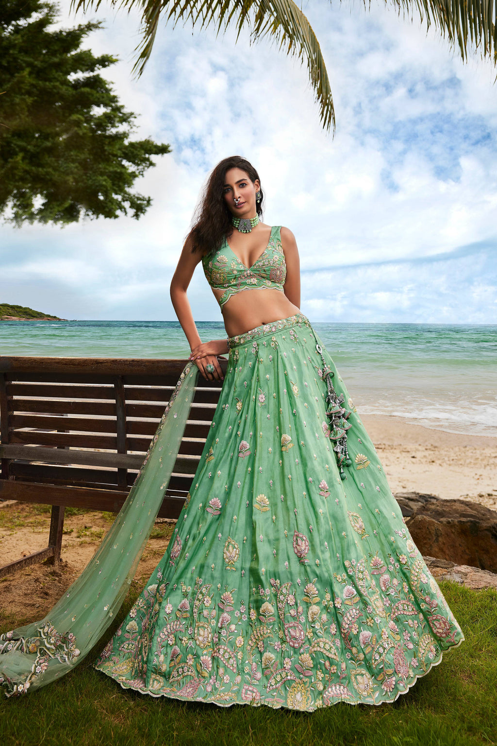 House of Panchhi Sea Green Georgette Sequins, Zarkan And Thread Embroidery Lehenga Choli & Dupatta | Grocsy