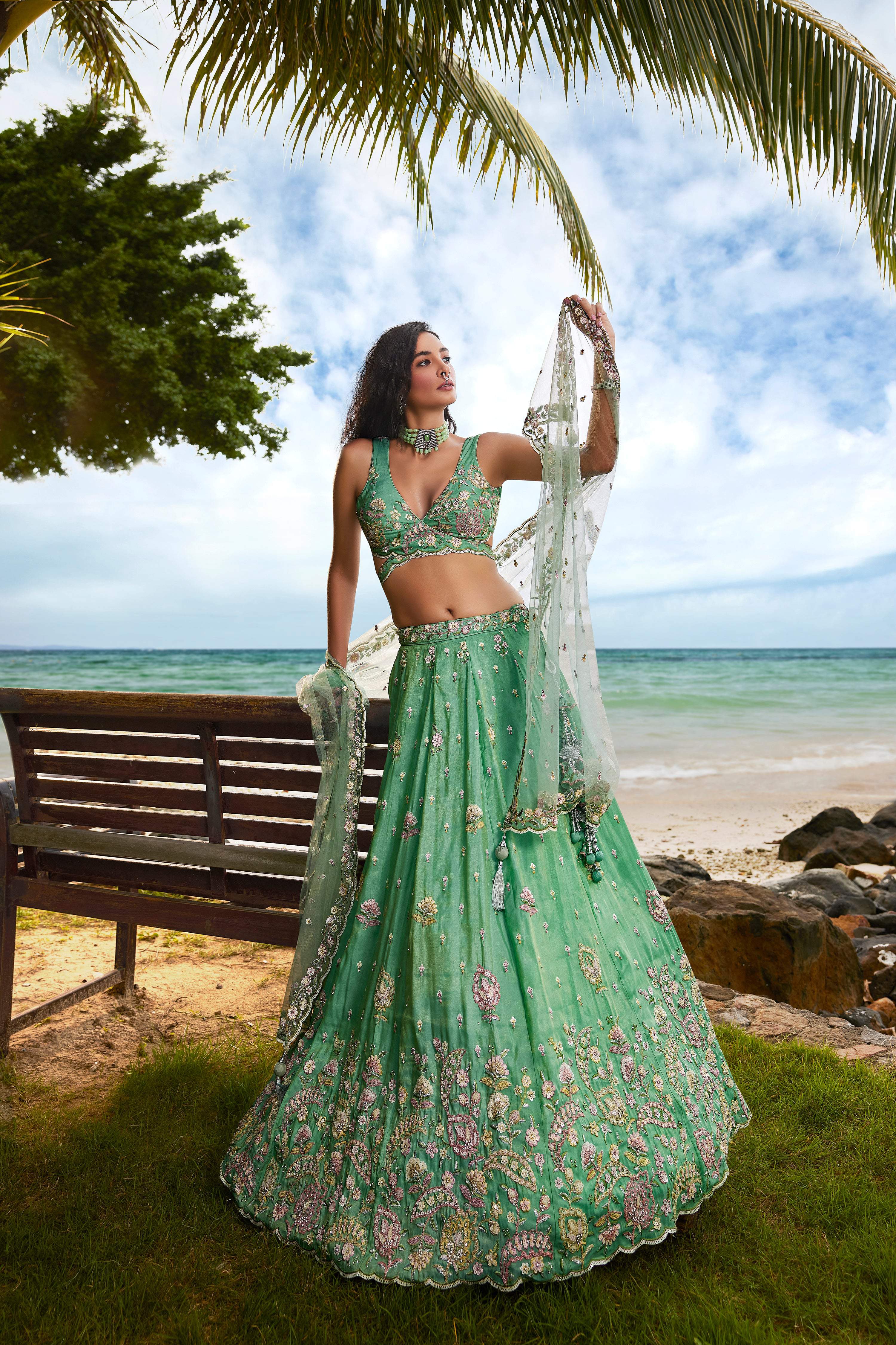 House of Panchhi Sea Green Georgette Sequins, Zarkan And Thread Embroidery Lehenga Choli & Dupatta | Grocsy