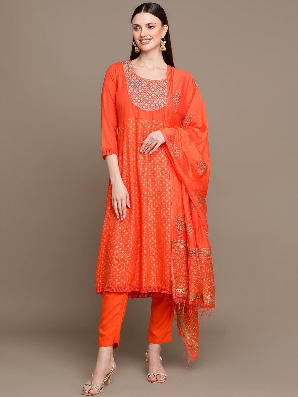 HERE&NOW Ethnic Motifs Embroidered Mirror Work Anarkali Kurta with Trousers & Dupatta | Grocsy