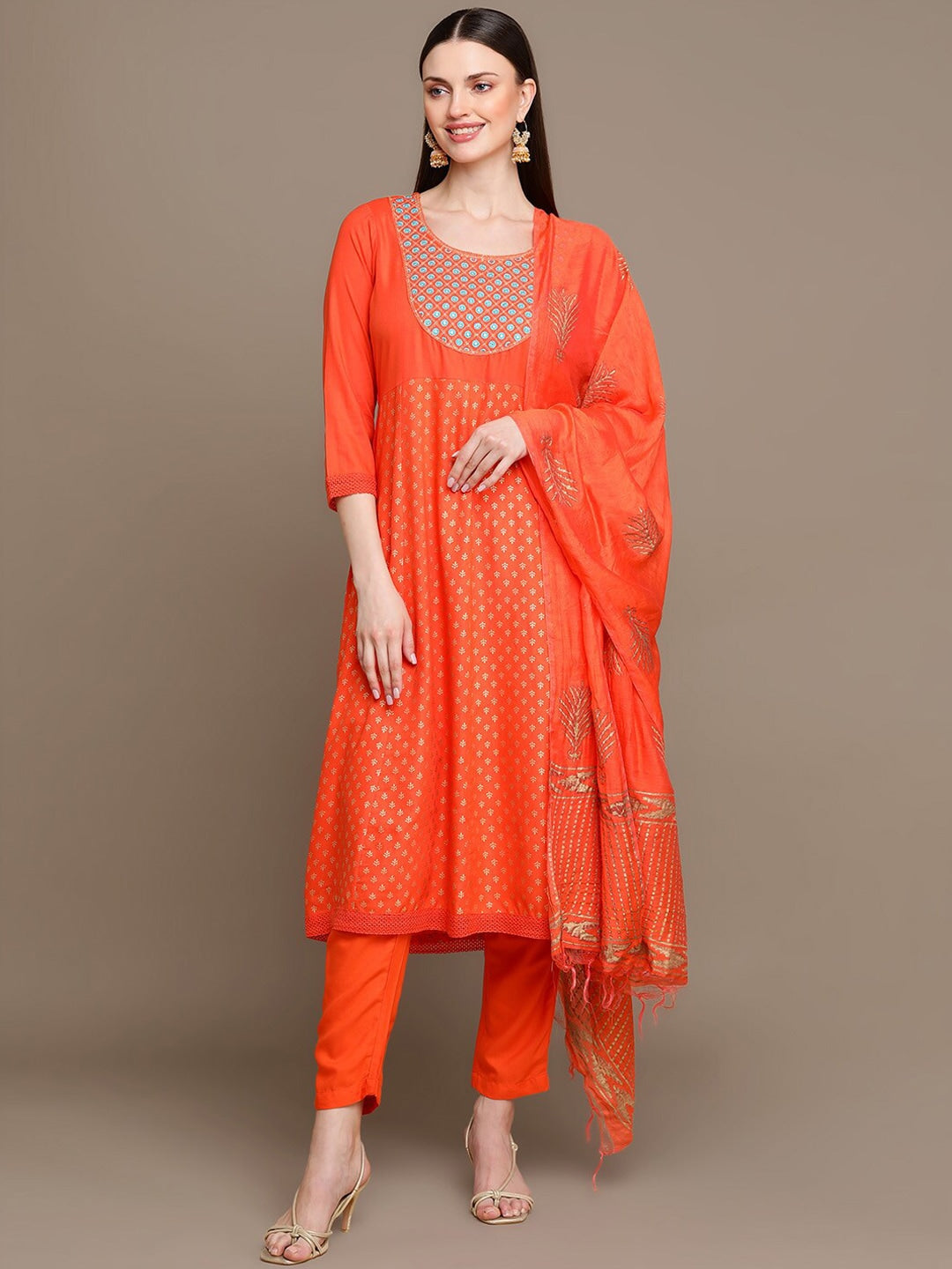 HERE&NOW Ethnic Motifs Embroidered Mirror Work Anarkali Kurta with Trousers & Dupatta | Grocsy
