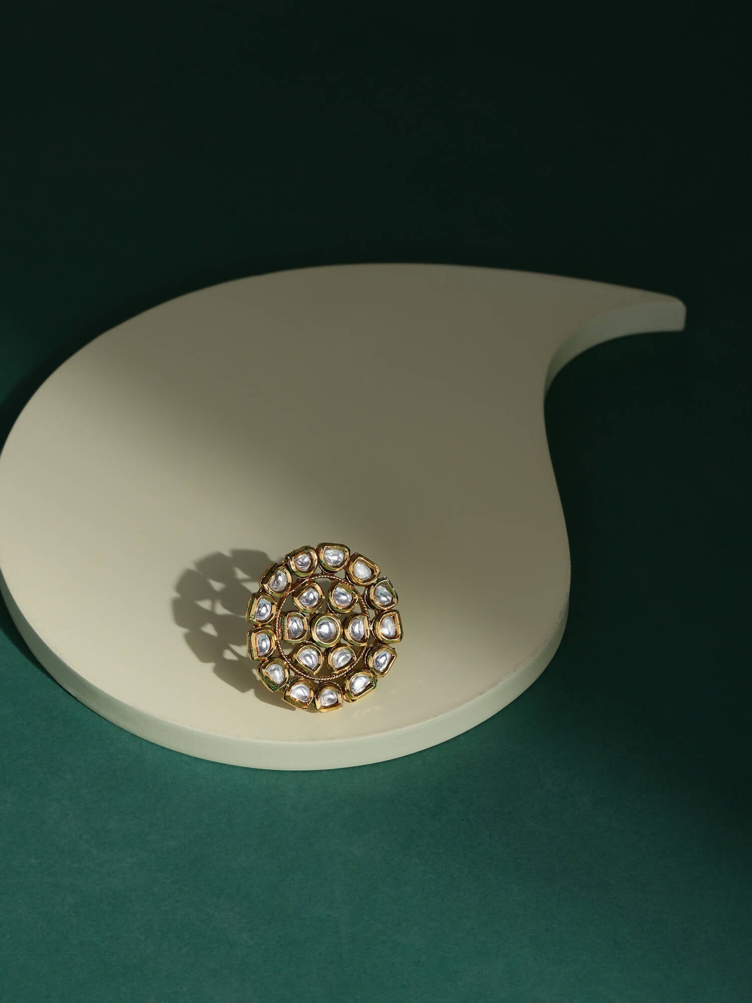 Gold-Polished White Kundan Studded Adjustable Finger Ring - Ruby Raang | Grocsy