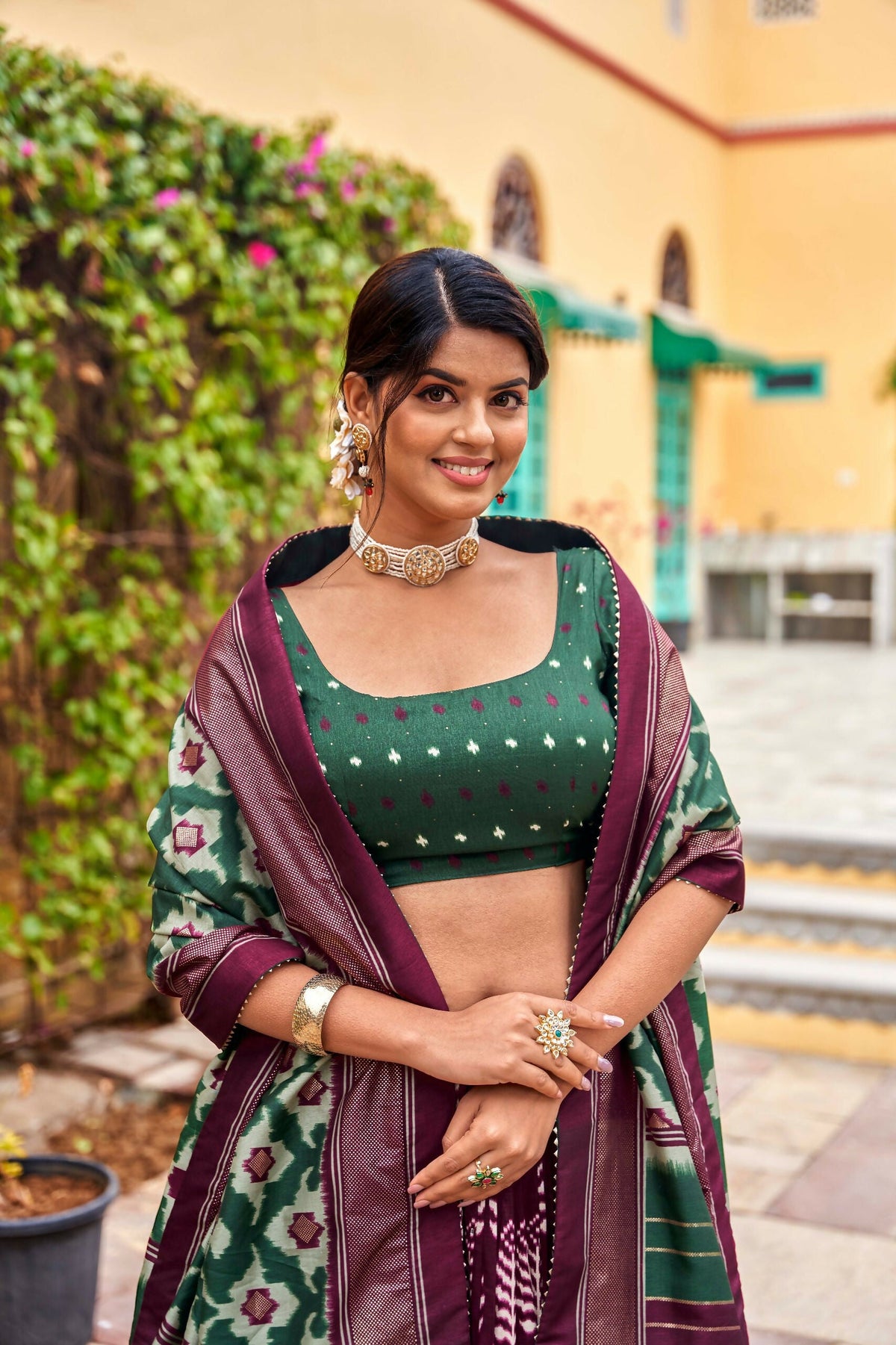Vastranavya Printed and Foil Work Tussar Silk Lehenga with Unstitched Blouse - Wine | Grocsy