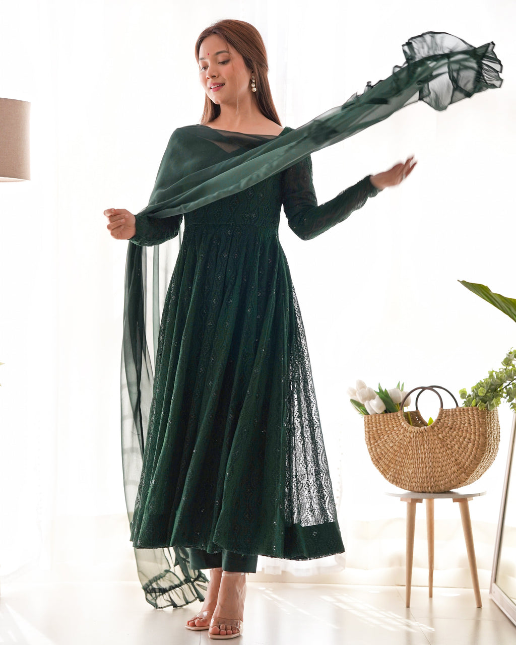 Lorenvalley Green Pure Soft Faux Georgette Lucknowi Sequence Work Anarkali Pant With Dupatta Set | Grocsy