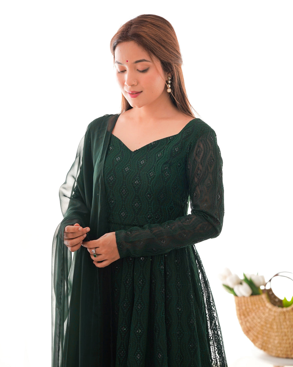Lorenvalley Green Pure Soft Faux Georgette Lucknowi Sequence Work Anarkali Pant With Dupatta Set | Grocsy