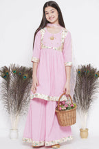 Little Bansi Floral Embroidery Jacket With Cotton Kantha Frock Sharara And Dupatta With Ghungroo Handwork - Pink | Grocsy