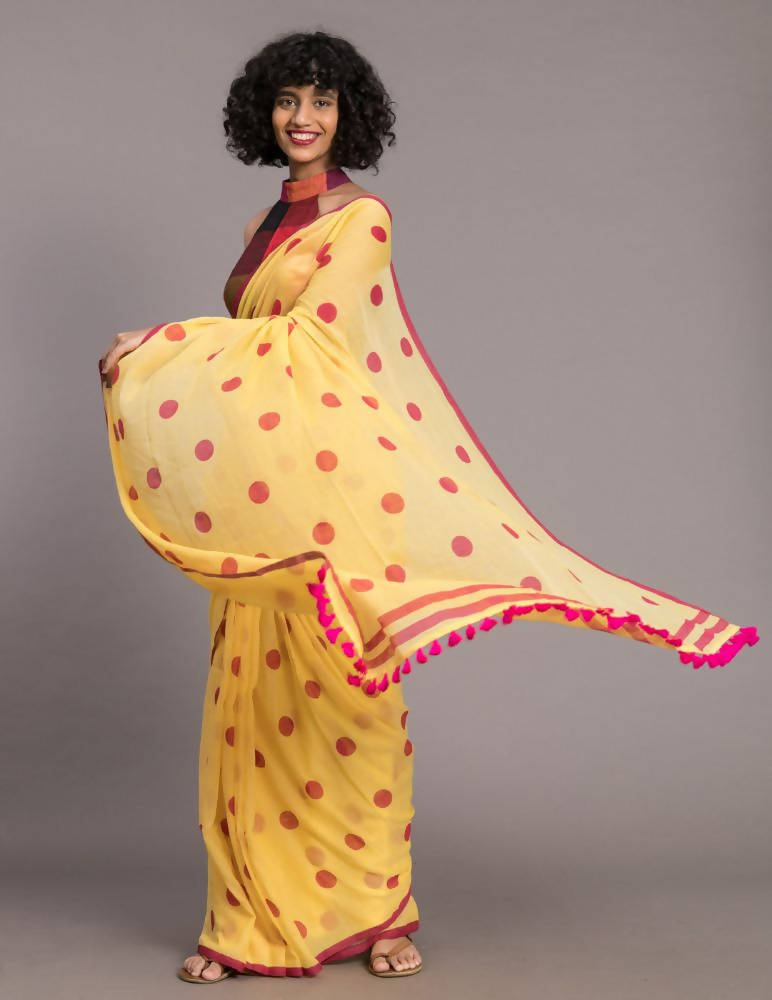 Suta Yellow Pink Polka Printed Pure Cotton Saree | Grocsy