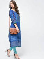 Indian Clothing Cheera Hand Block Print Royal Blue Color Straight Kurta | Grocsy