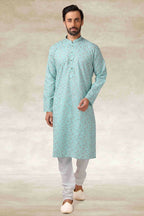Raivat Ethnic Cotton Printed Work Kurta Pajama In Sea Green Colour | Grocsy
