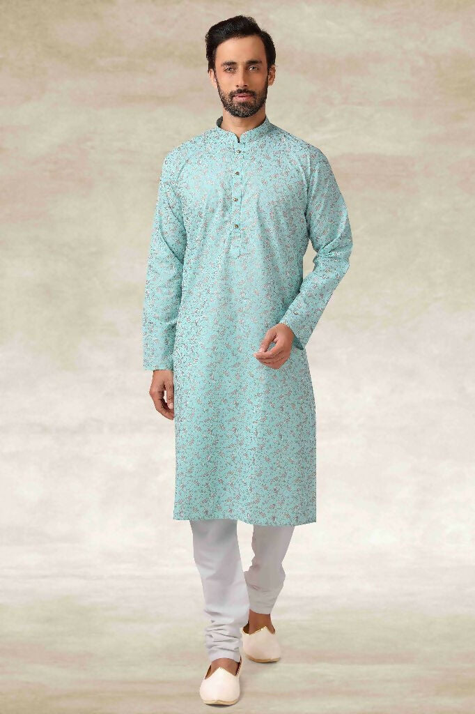 Raivat Ethnic Cotton Printed Work Kurta Pajama In Sea Green Colour | Grocsy