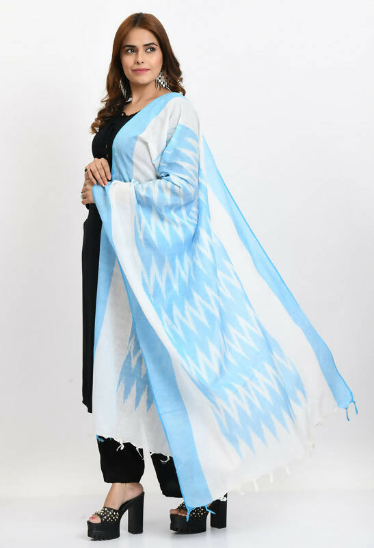 Mominos Fashion Moeza Women's Handloom Cotton Ikkat Sky Blue Dupatta | Grocsy