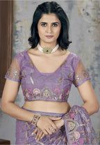 Vastranavya Soft Crush Georgette With Embroidery and Foil Multi Thread Work Saree - Lavender | Grocsy