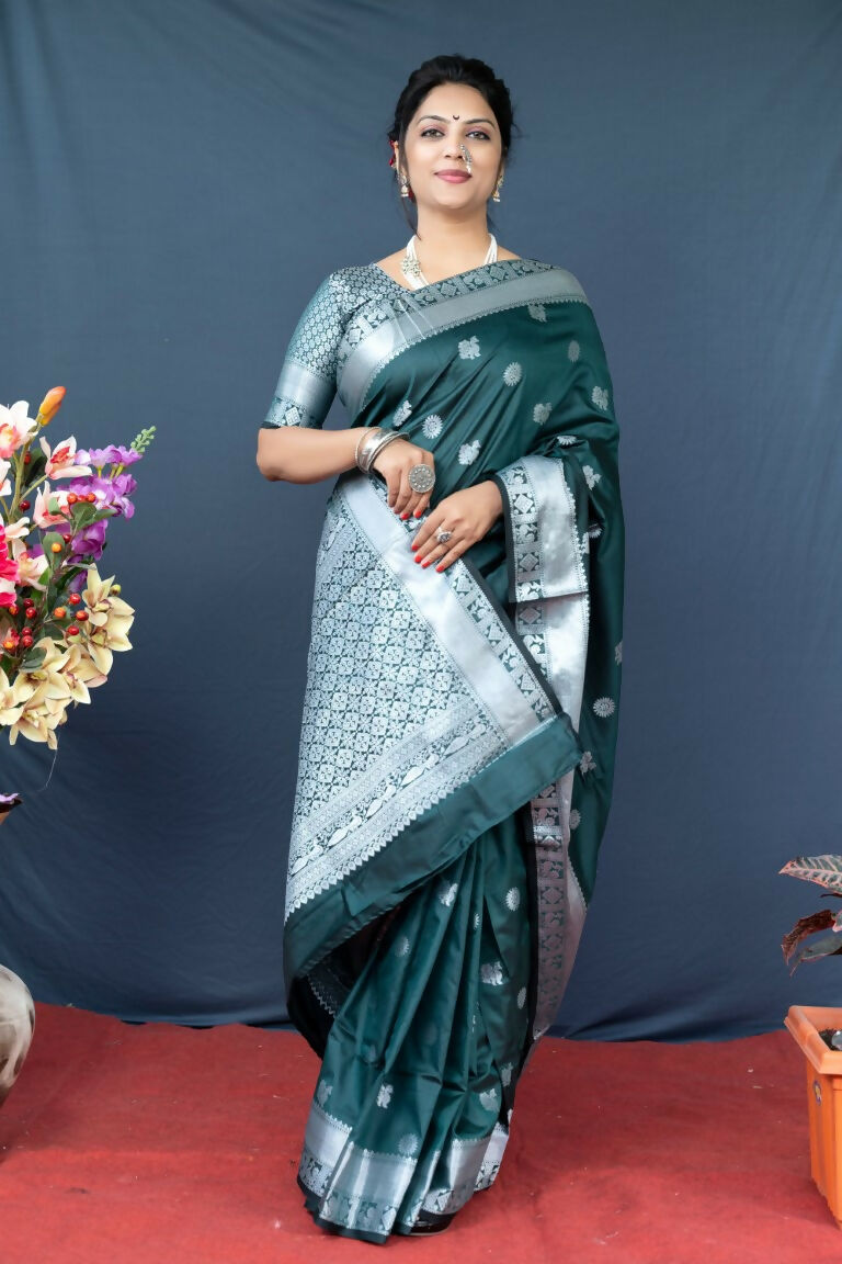 Jyoti Fashion Women's Bottle Green Soft Banarasi Silk Zari Woven Saree with Blouse | Grocsy