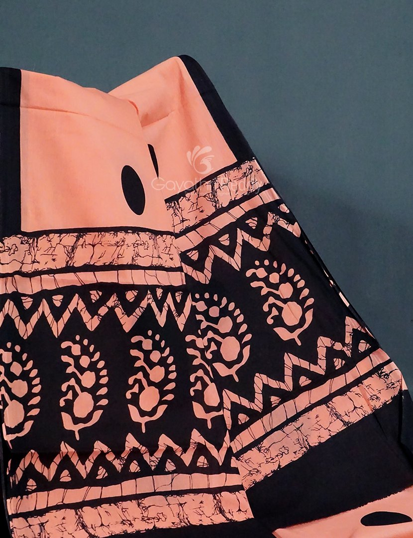 Peach And Black Block Print Pure Mulmul Cotton Saree By Gayathri Reddy Designer Studio | Grocsy