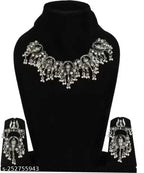 Tehzeeb Creations Women's Silver Colour Oxidised Ganesha Style Necklace Set With White Pearl | Grocsy