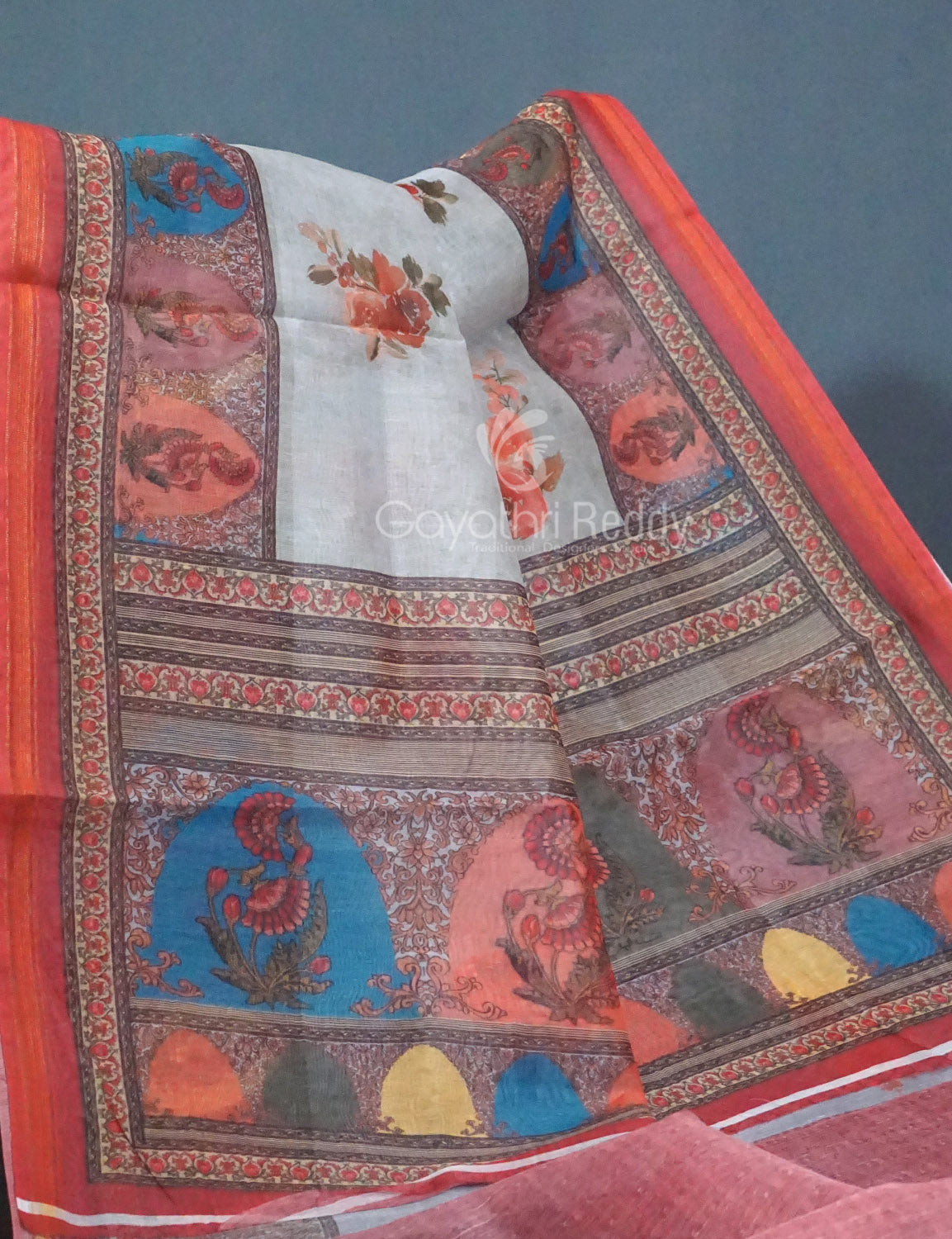 Shades of Light Grey Floral Print Semi Chanderi Saree By Gayathri Reddy Designer Studio | Grocsy