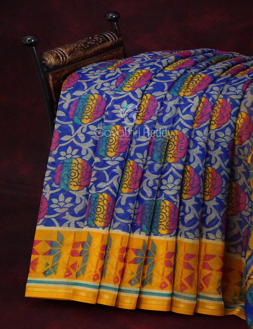 Ink Blue Printed Semi Chanderi Saree By Gayathri Reddy Designer Studio | Grocsy