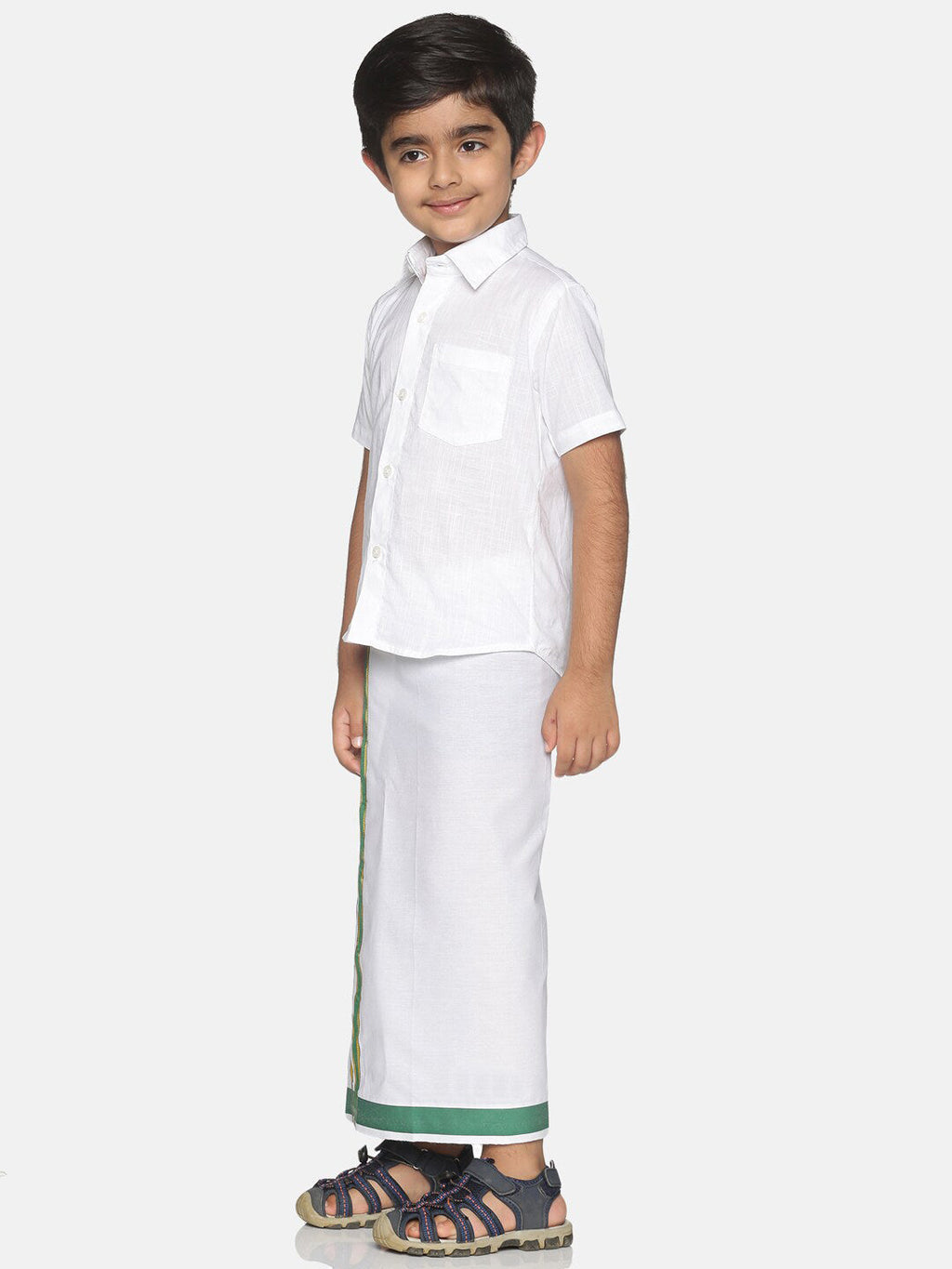 Sethukrishna Boys White & Green Pure Cotton Solid Shirt and Veshti Set | Grocsy