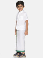 Sethukrishna Boys White & Green Pure Cotton Solid Shirt and Veshti Set | Grocsy