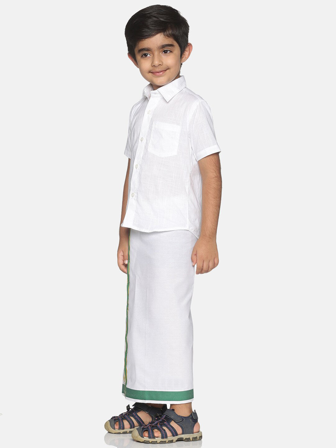Sethukrishna Boys White & Green Pure Cotton Solid Shirt and Veshti Set | Grocsy