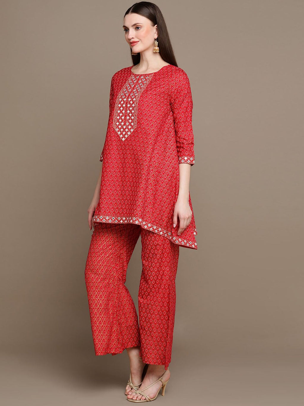 HERE&NOW Embroidered Ethnic Motifs Printed Mirror Work Asymmetric Kurti with Palazzos | Grocsy