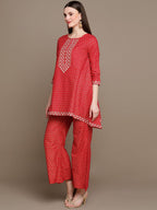 HERE&NOW Embroidered Ethnic Motifs Printed Mirror Work Asymmetric Kurti with Palazzos | Grocsy