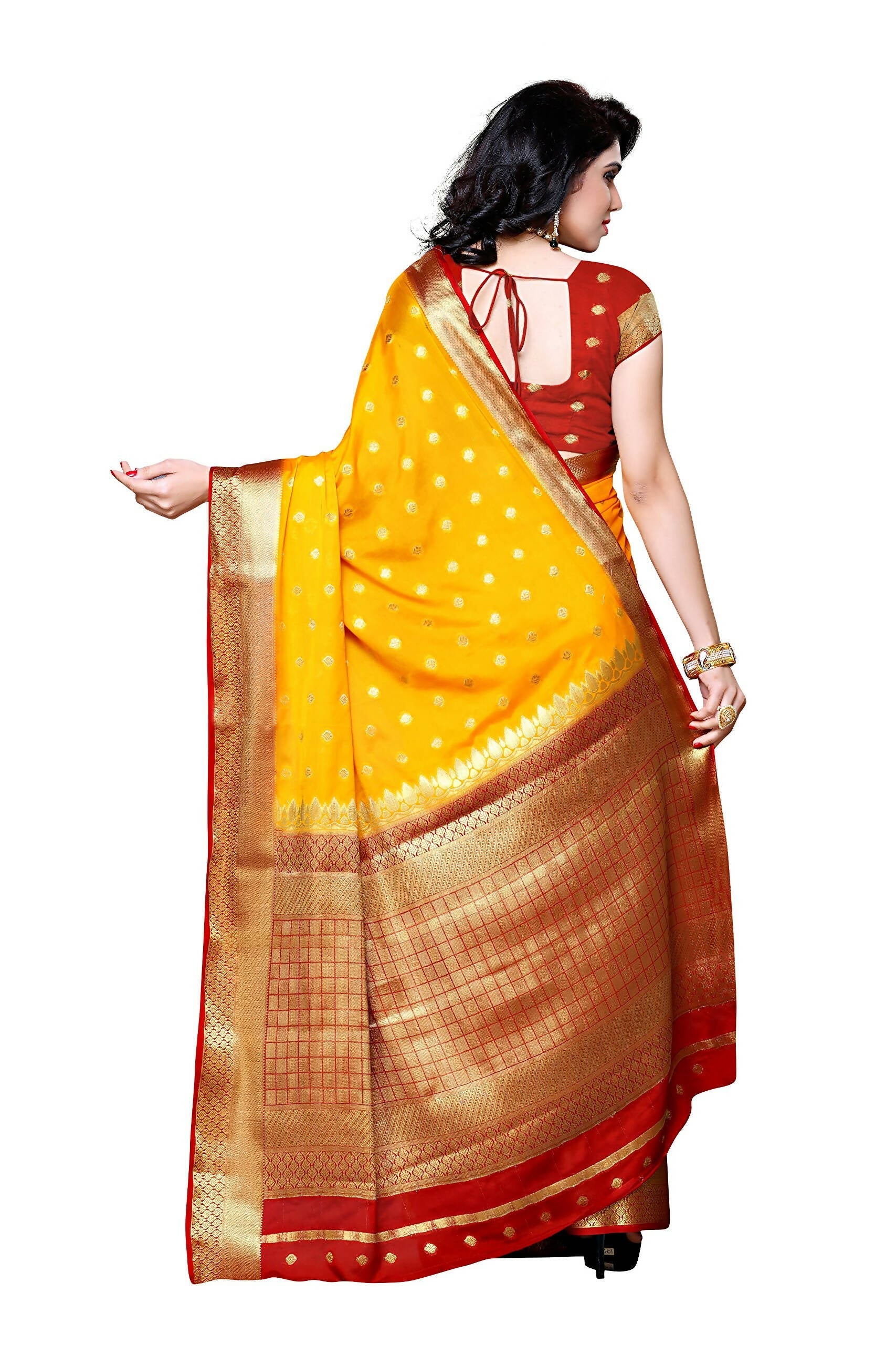 Mimosa Women's Traditional Crepe Kanjivaram Silk Gold Saree | Grocsy
