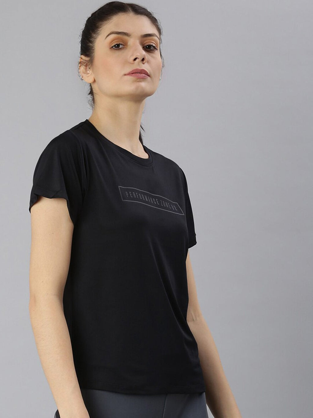 MKH Women Black Typography Dri-FIT Polyester Round Neck Sports T-shirt | Grocsy