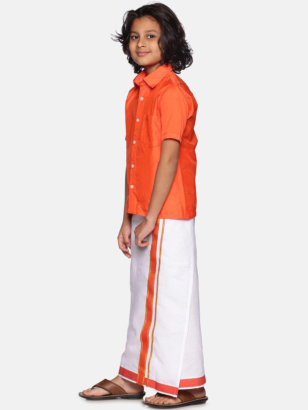 Sethukrishna Orange & White Solid Shirt with Dhoti Set For Boys | Grocsy