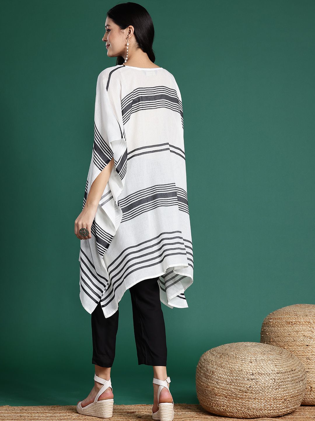 Sangria Striped Flared Sleeves Jacquard Kaftan Kurta | Grocsy