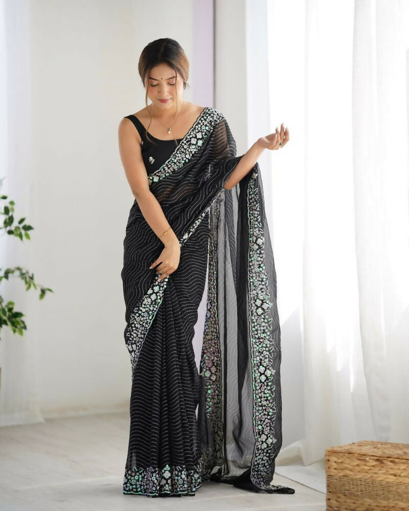 Georgette Designer Sequance Embroidery Work Party Wear Saree - Black | Grocsy