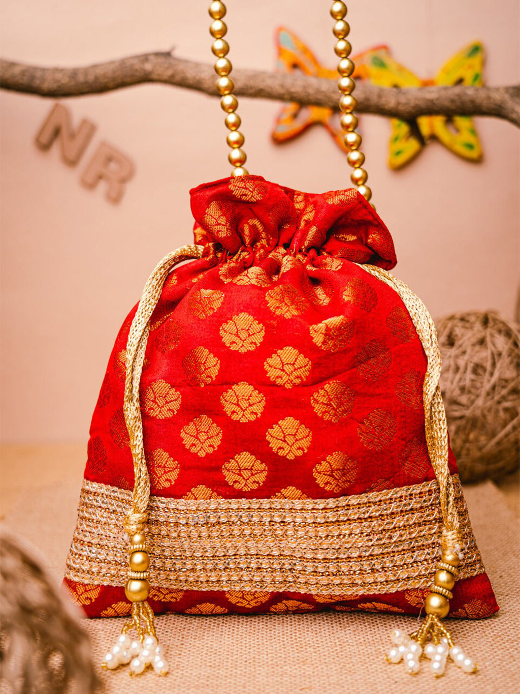 NR By Nidhi Rathi Red & Gold-Toned Embroidered Potli Clutch | Grocsy