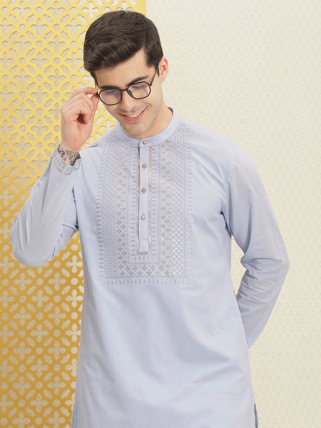 House of Pataudi Jashn Pure Cotton Yoke Design Sequinned Kurta | Grocsy