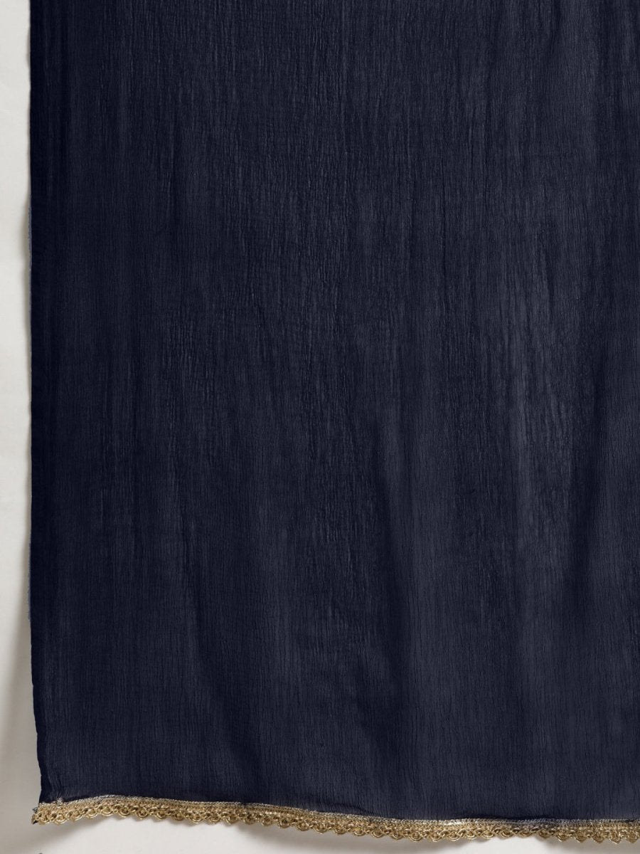 All About You Women Navy Blue & Golden Satin Finish Kurta with Trousers & With Dupatta | Grocsy
