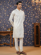 House of Pataudi Men Off White Geometric Embroidered Mirror Work Kurta | Grocsy