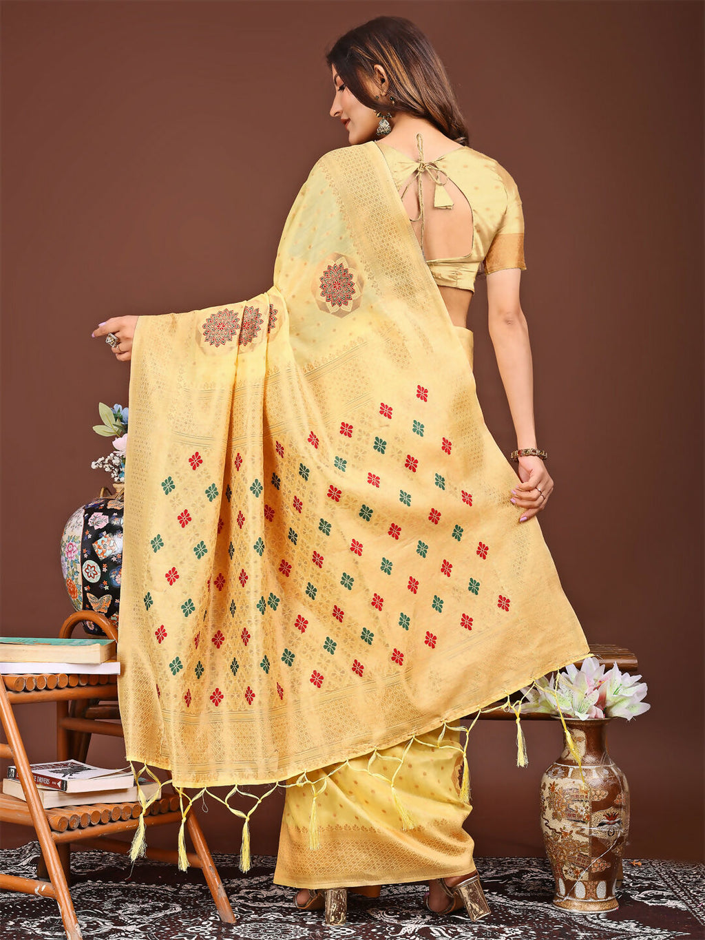 Shree Shyam Fashion Neerja Yellow Linen Cotton Saree | Grocsy