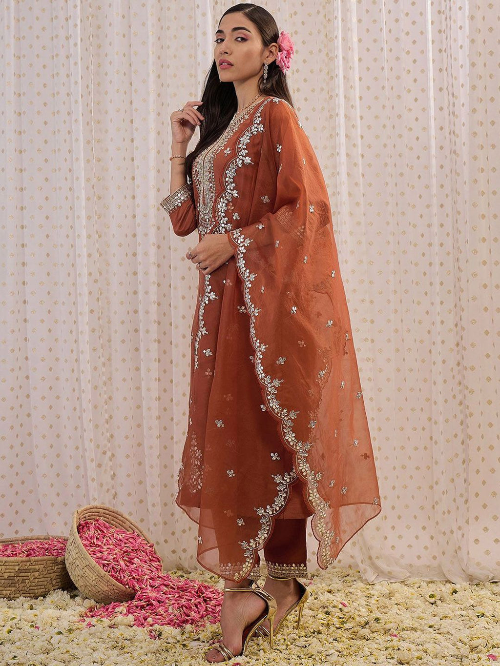 Indo Era Ethnic Motifs Embroidered Regular Gotta Patti Kurta with Trouser & Dupatta | Grocsy
