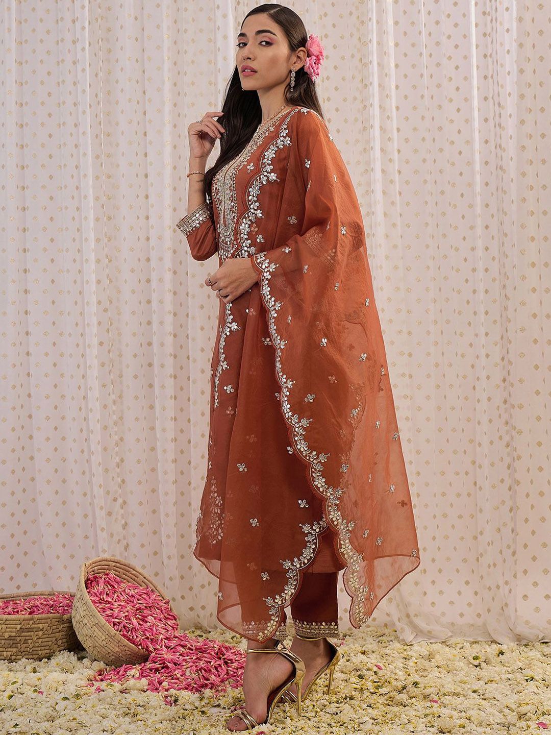 Indo Era Ethnic Motifs Embroidered Regular Gotta Patti Kurta with Trouser & Dupatta | Grocsy