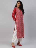 ADA Women Red & White Hand Embroidered Chikankari Sustainable Handloom Kurta With Matching Slip | Grocsy