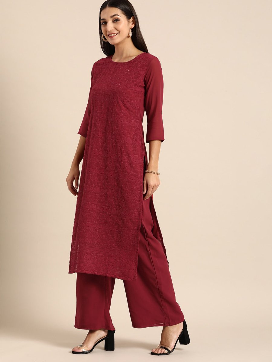 All About You Women Maroon Ethnic Motifs Embroidered Chikankari Kurta with Palazzos | Grocsy