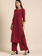 All About You Women Maroon Ethnic Motifs Embroidered Chikankari Kurta with Palazzos | Grocsy