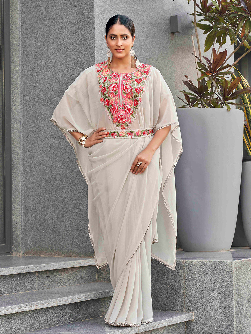 Tikhi Imli Embroidered Kaftan Saree With Belt | Grocsy