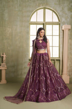 Eilara Embroidered, Sequins And Thread Work Net A - Line Lehenga Choli In Wine | Grocsy