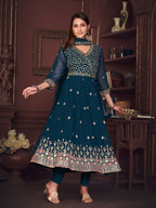 Jyoti Fashion Women's Rama Georgette Embroidered Anarkali Kurta Pant Set With Dupatta | Grocsy