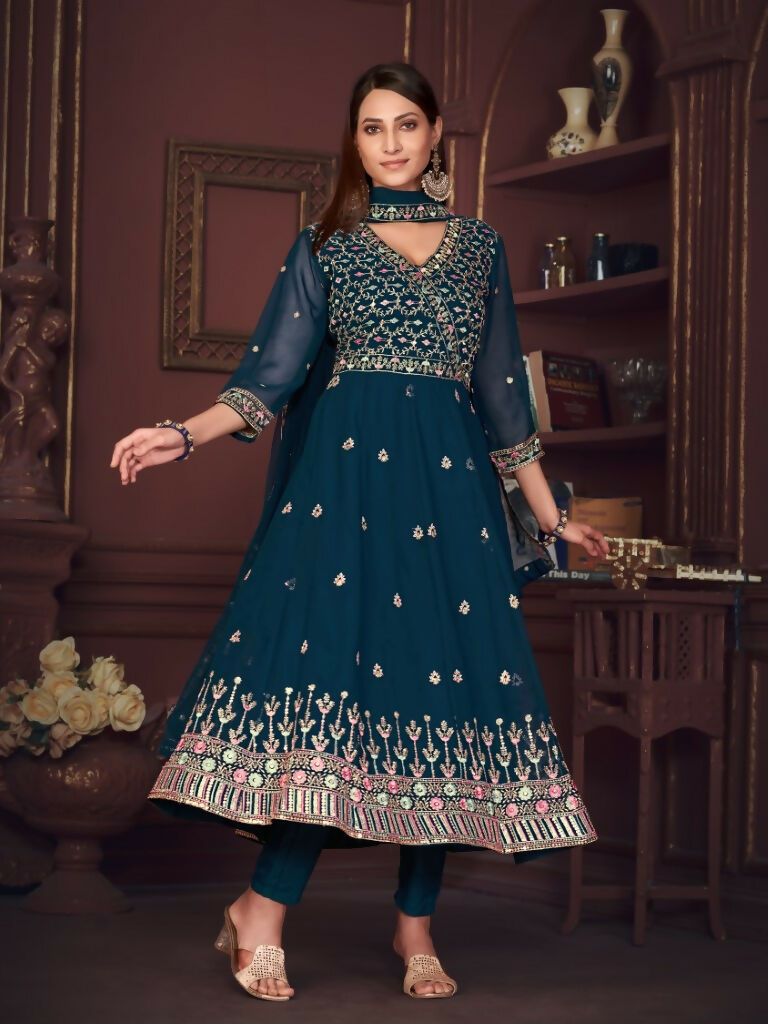 Jyoti Fashion Women's Rama Georgette Embroidered Anarkali Kurta Pant Set With Dupatta | Grocsy