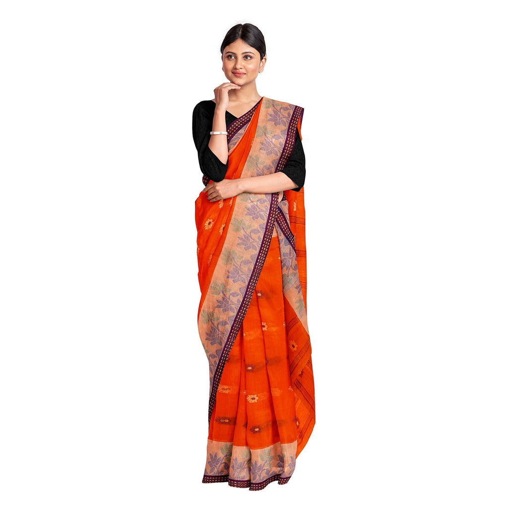 Exclusive Collection 100% Pure Cotton Orange Tant Saree With Hand Weaving Work | Grocsy