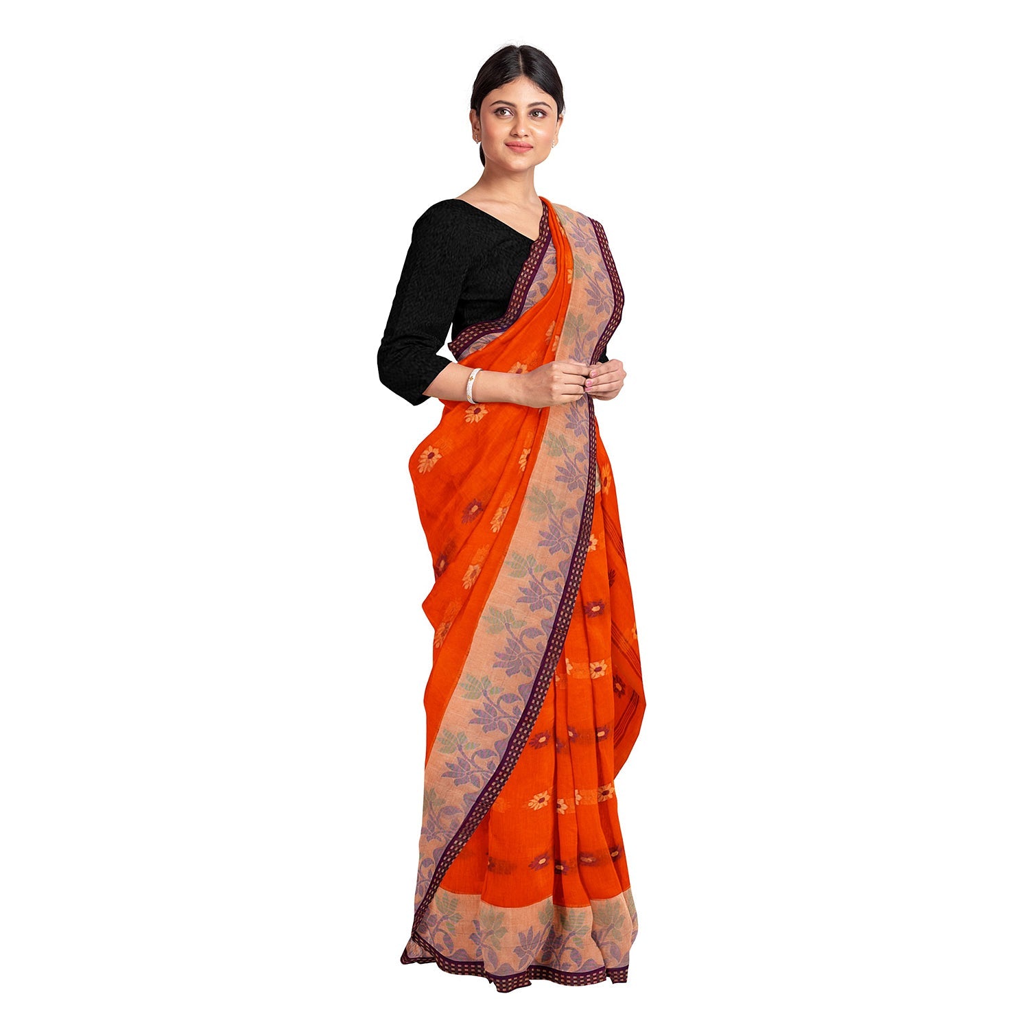 Exclusive Collection 100% Pure Cotton Orange Tant Saree With Hand Weaving Work | Grocsy