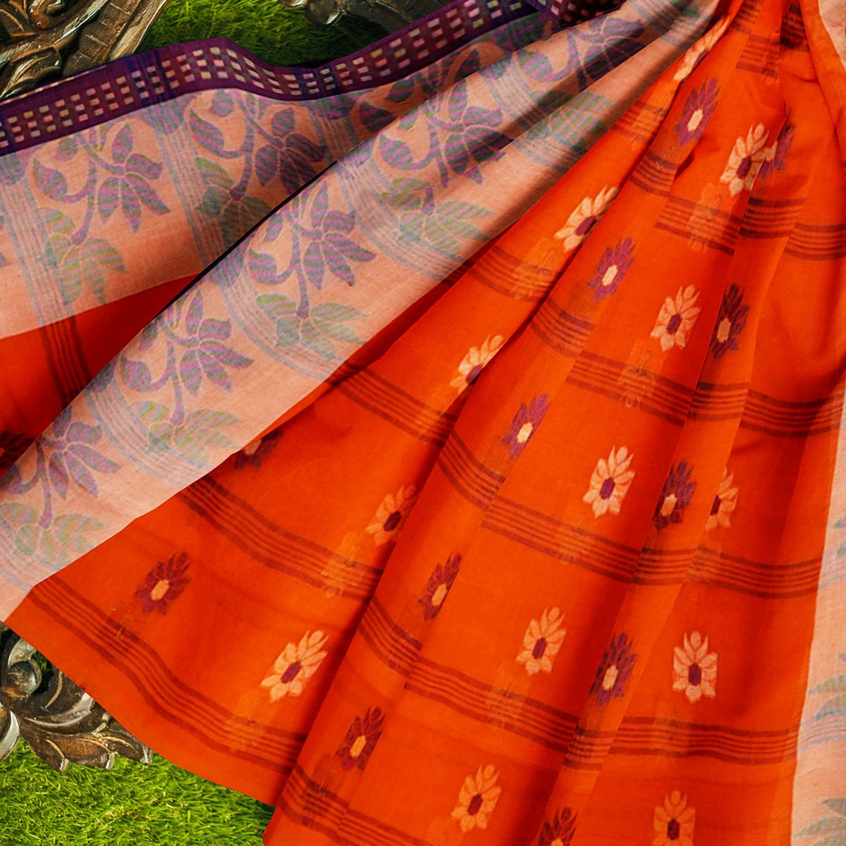 Exclusive Collection 100% Pure Cotton Orange Tant Saree With Hand Weaving Work | Grocsy