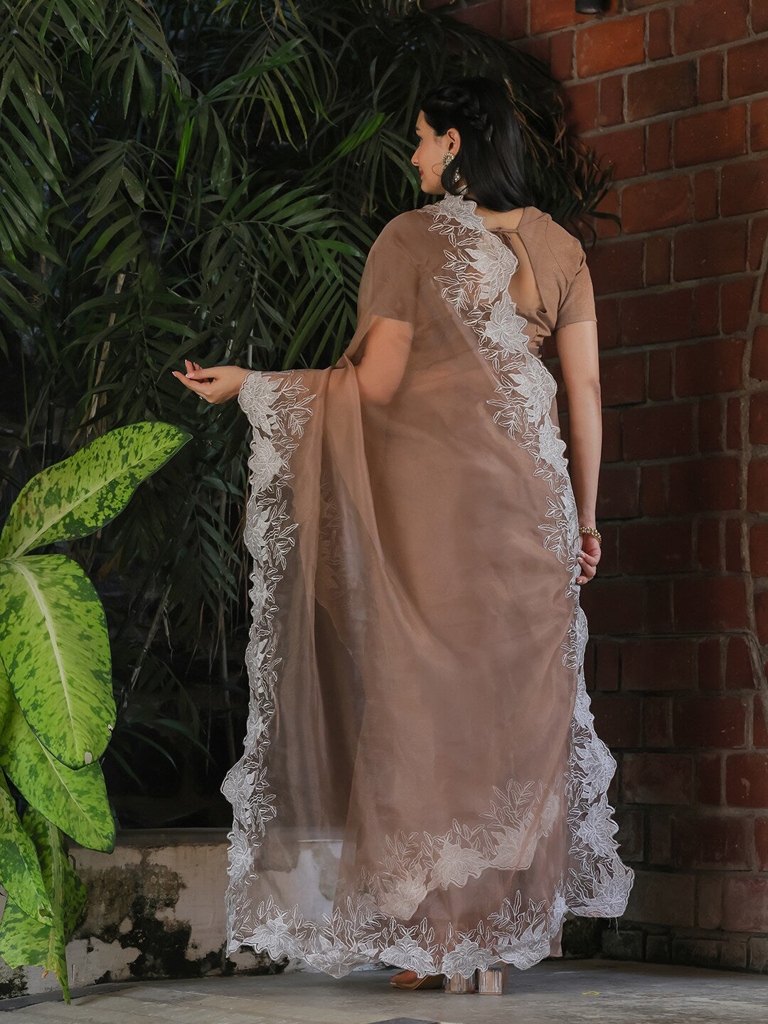 Tikhi Imli Beige Embroidered Organza Saree | Grocsy