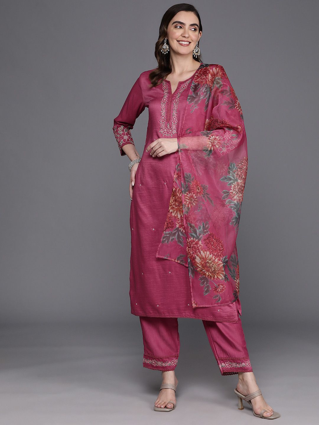 Indo Era Floral Embroidered Thread Work Kurta with Trousers & Dupatta | Grocsy