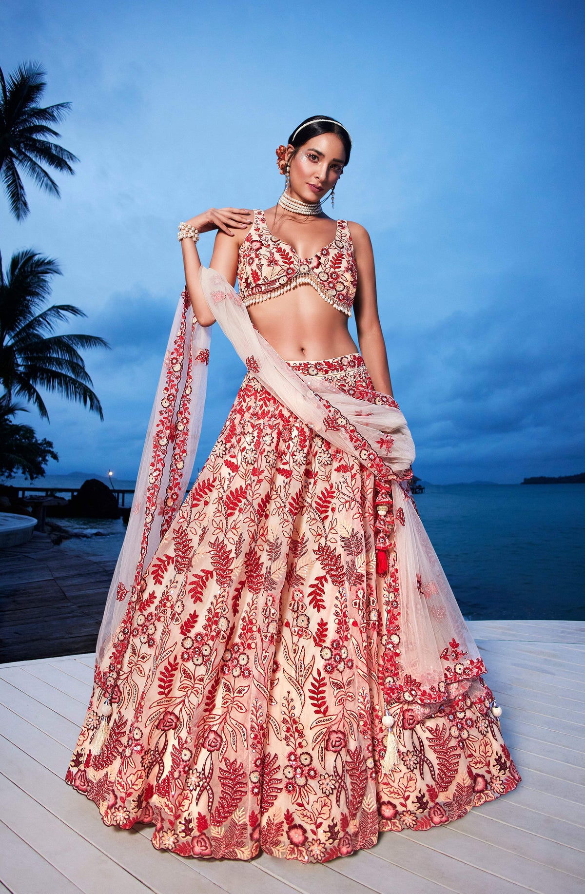 House of Panchhi Peach Net Sequins, Mirror And Thread Embroidery Lehenga Choli & Dupatta | Grocsy